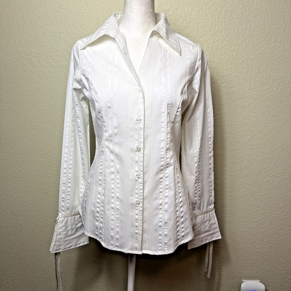 Cotton Express Missy S Office Siren Blouse White Y2K Cottagecore Tie Cuff Shirt